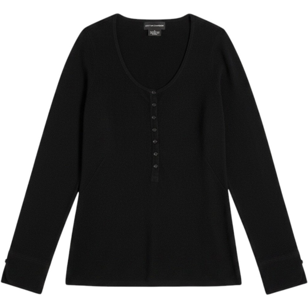 Sutton Cashmere Womens Black Henley Scoop Neck Long Sleeve Sweater Small 100%